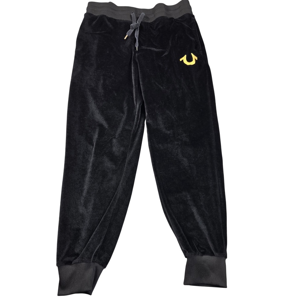 True Religion Joggers Sweatpants Mens Medium Black Gold Velour Horseshoe Logo